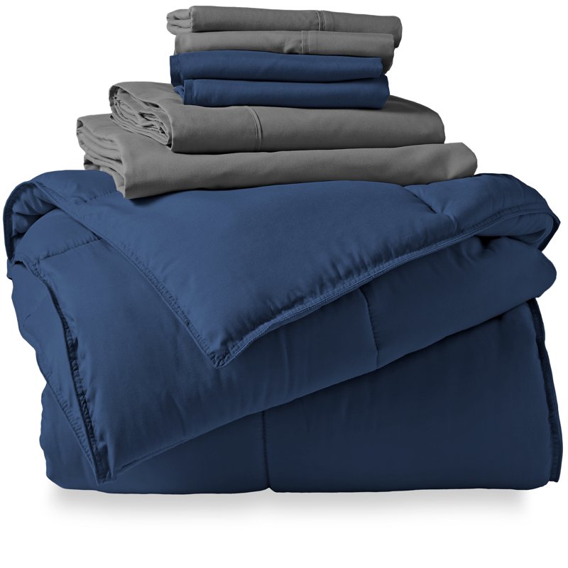 Split Head Flex King Microfiber Bed in a Bag - Dark Blue & Gray, 7 Piece