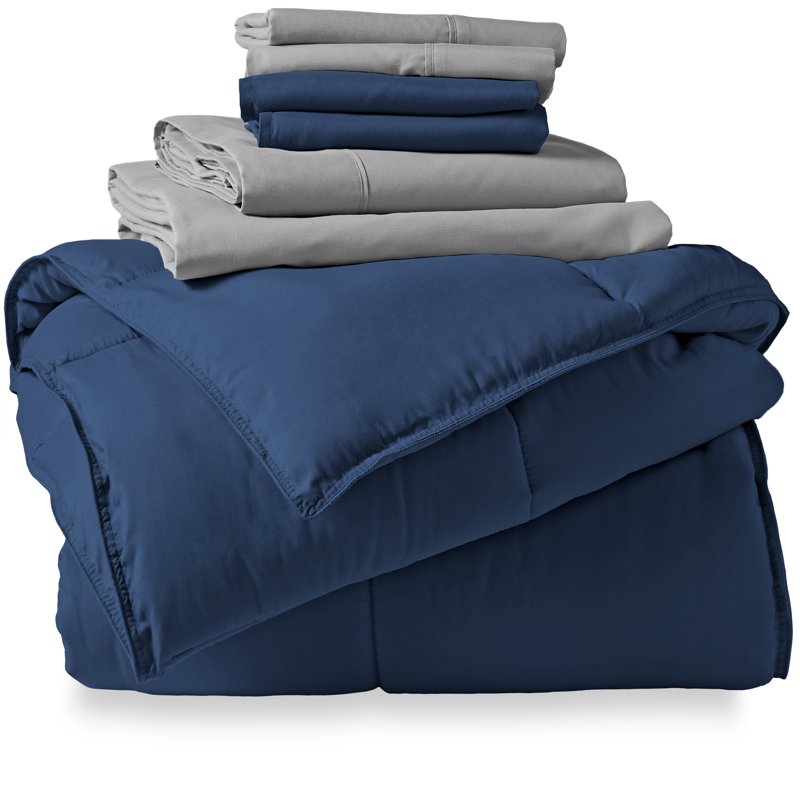 King Microfiber Bed in a Bag Set - Dark Blue & Light Gray Bedding