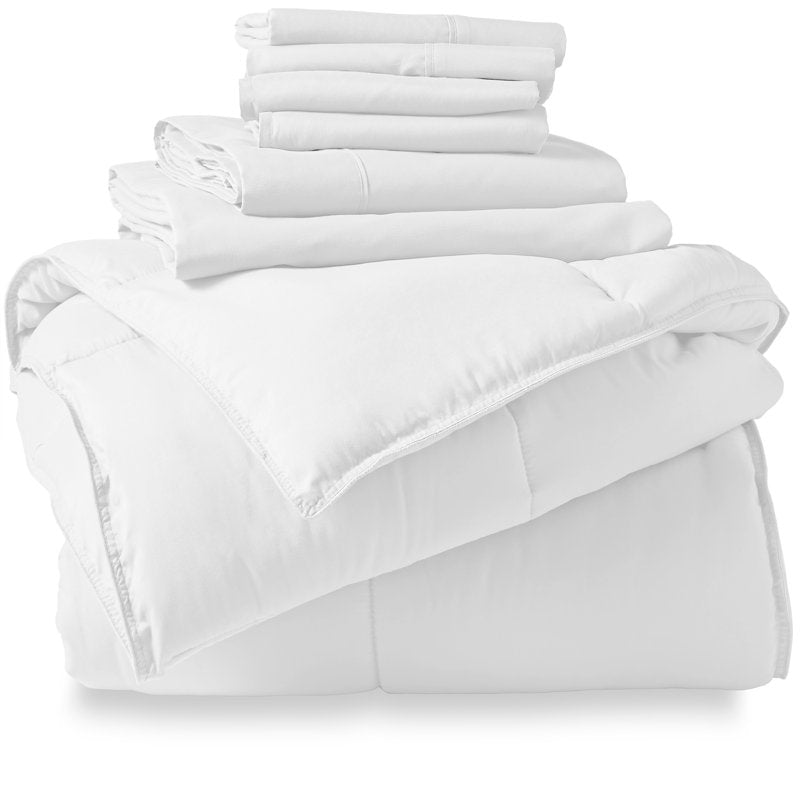 King Bed in a Bag - White Microfiber 7-Piece Bedding Set with Comforter and Sheets - Bare Home