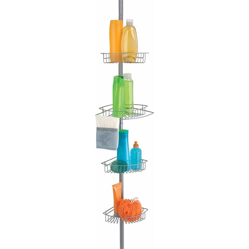 Satin 4-Tier Corner Shower Caddy with Tension Rod — Rust-Resistant Bathroom Organizer