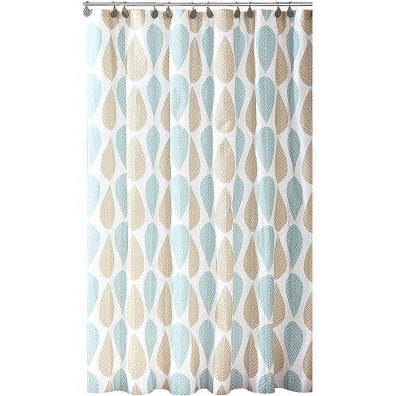 Bath Bliss Beige & Blue Leaf Shower Curtain - White Variation 70x72 Inches