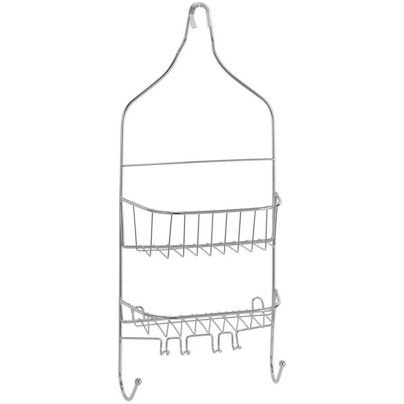 Chrome Shower Caddy with 2 Shelves and Hooks - Rust-Resistant Bathroom Organizer
