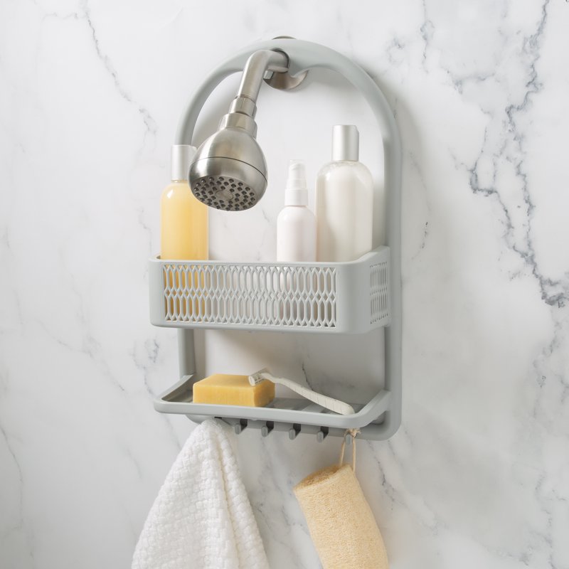 Plastic Shower Caddy Over-the-Shower Head Gray with Hooks & Suction Cups