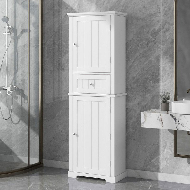 White Tall Bathroom Storage Cabinet with Drawer and Adjustable Shelves - Freestanding