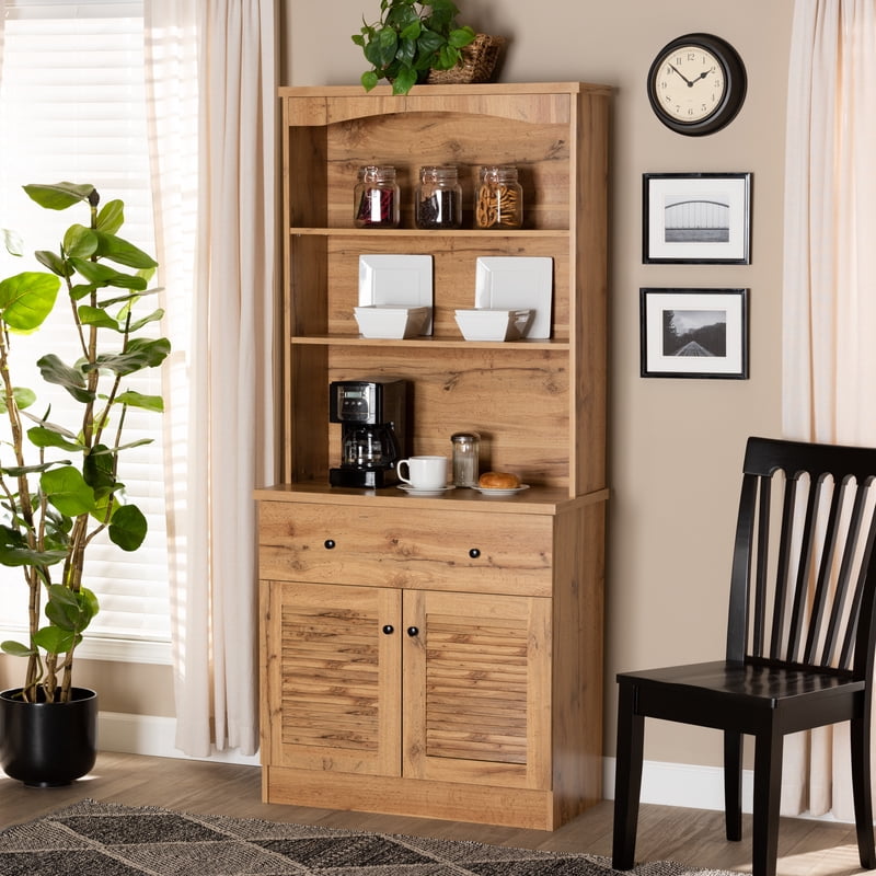 Modern Oak Brown Wood Buffet and Hutch Kitchen Cabinet