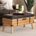 Large Storage Ottoman - Rustic Dark Brown PU Leather & Oak Wood