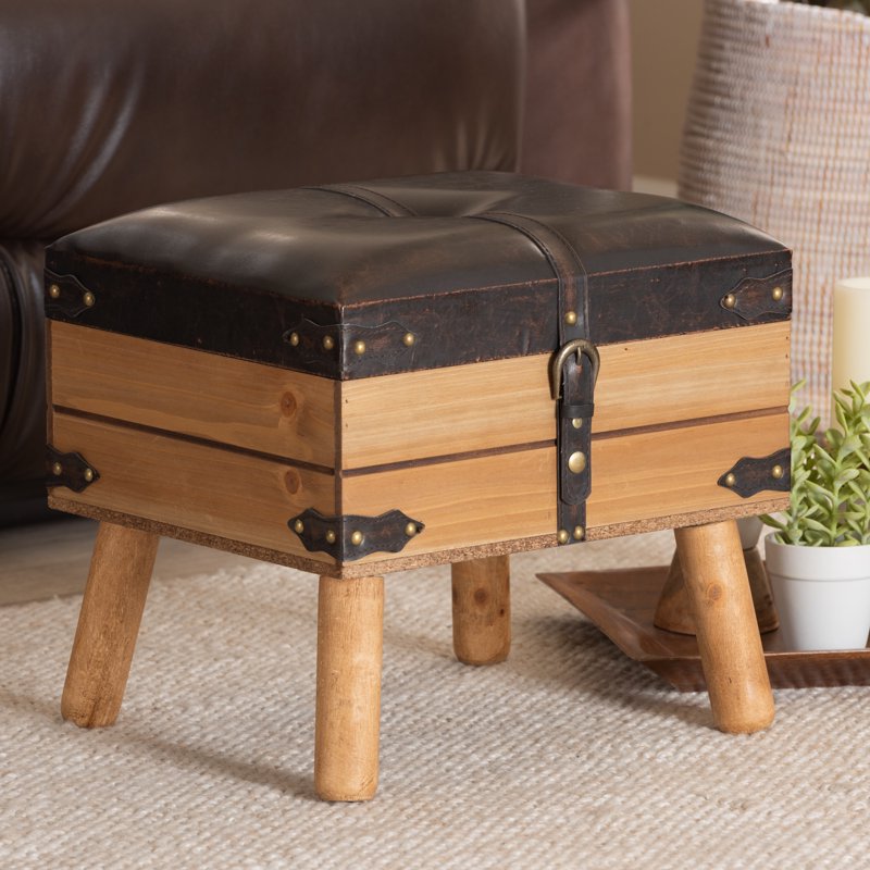 Rustic Dark Brown PU Leather Storage Ottoman with Oak Finish