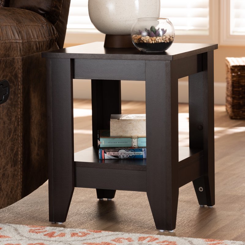 Modern Dark Brown Wood End Table with Shelf - Compact Design