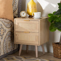 Mid-Century Modern Light Oak Brown End Table with Rattan Drawers