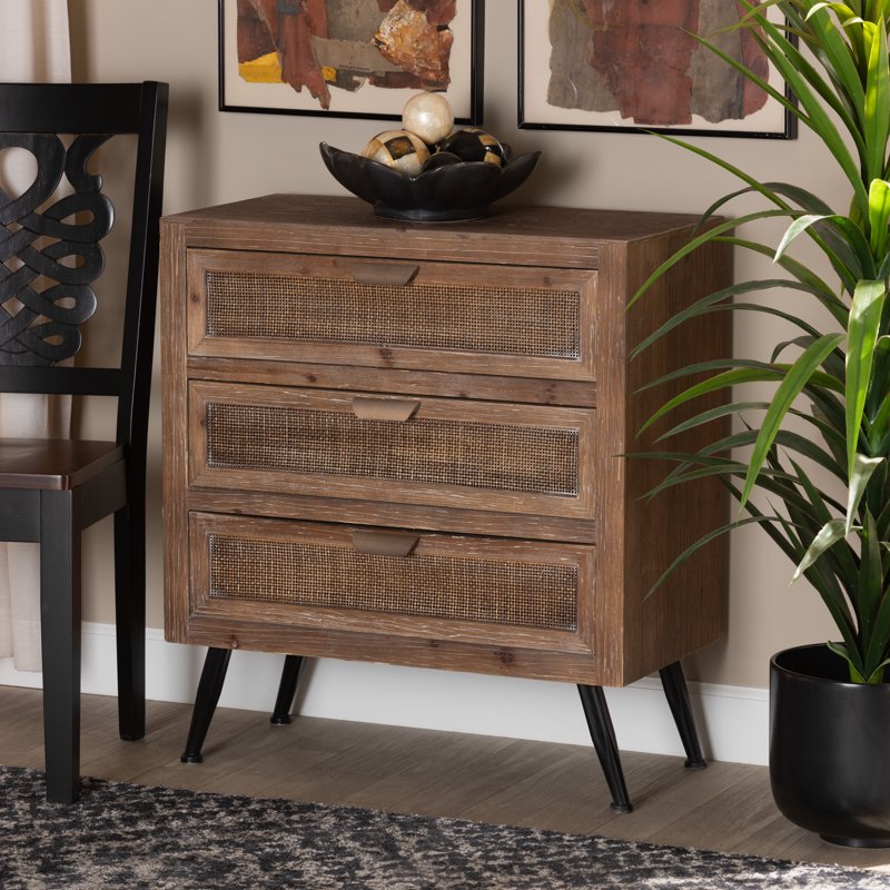 Mid-Century Modern 3-Drawer Storage Cabinet - Whitewashed Natural Brown
