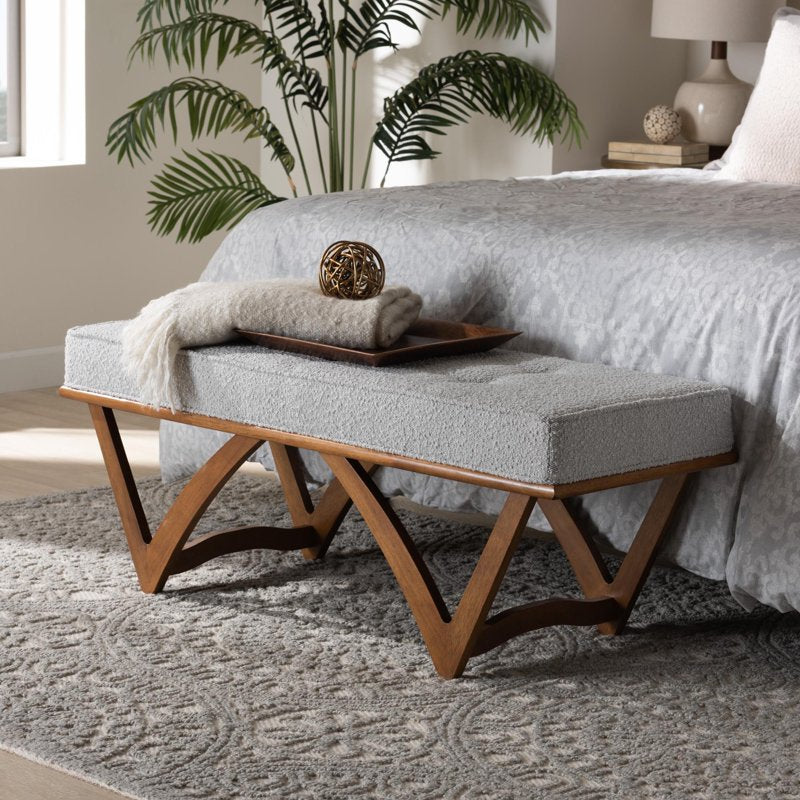 Japandi Light Grey Boucle Fabric Bench with Walnut Legs