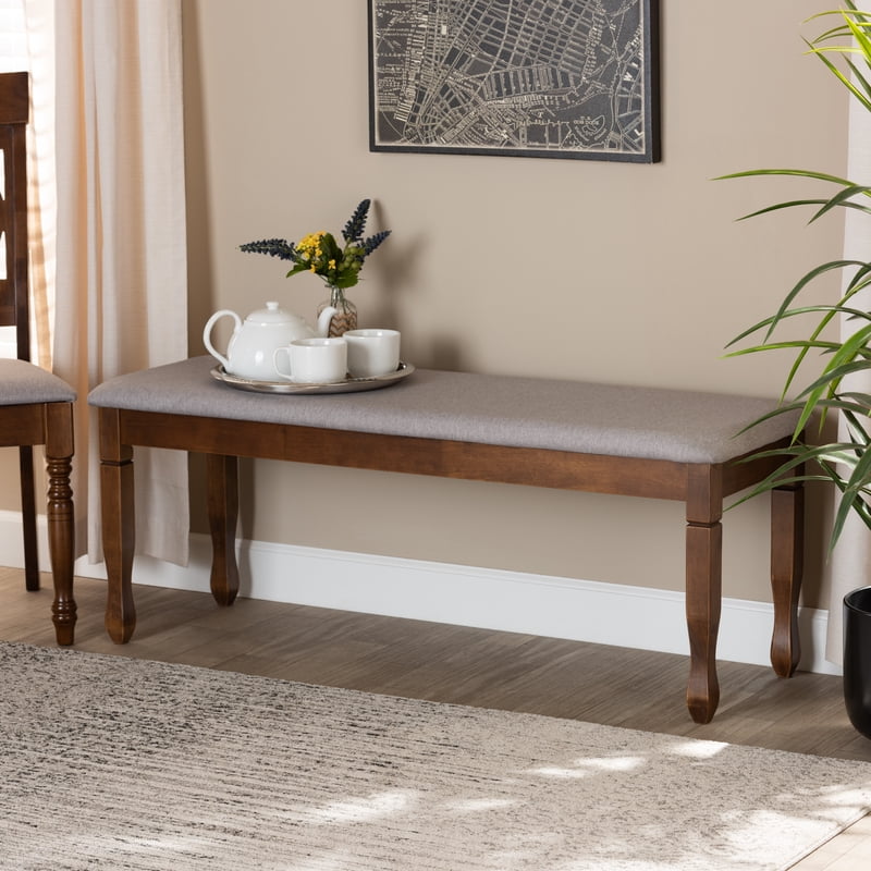 Modern Grey Fabric Upholstered Walnut Dining Bench
