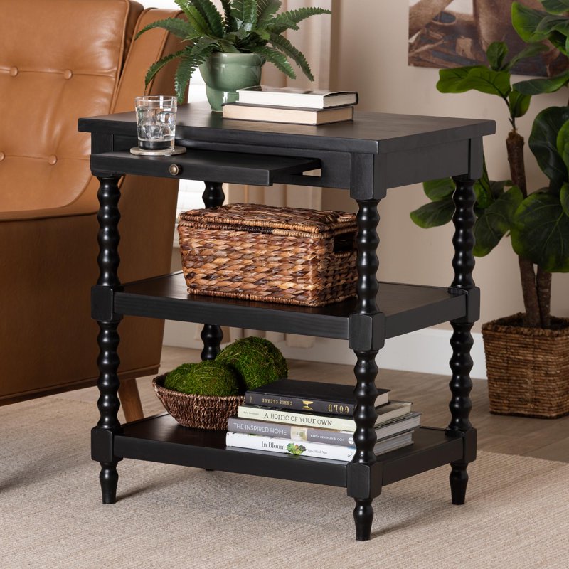 Retro-Modern End Table with Turned Legs and Pullout Shelf - Black