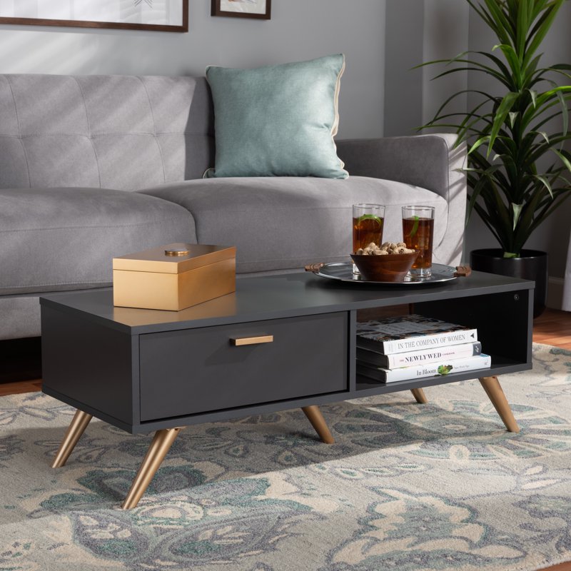 Modern Dark Grey and Gold Wood Coffee Table with Drawer
