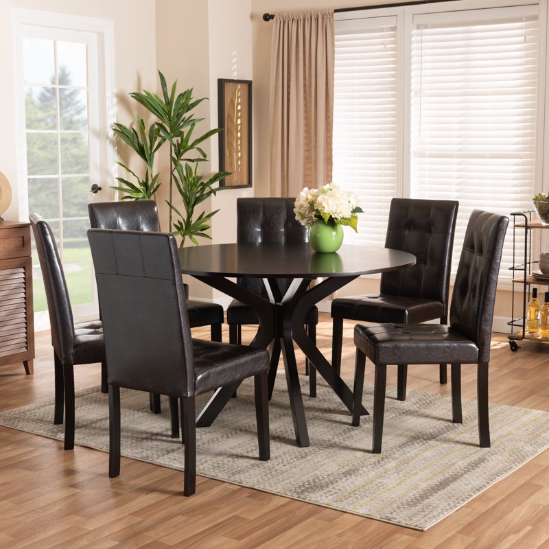 Modern Dining Set with 6 Chairs and Round Table - Espresso Brown