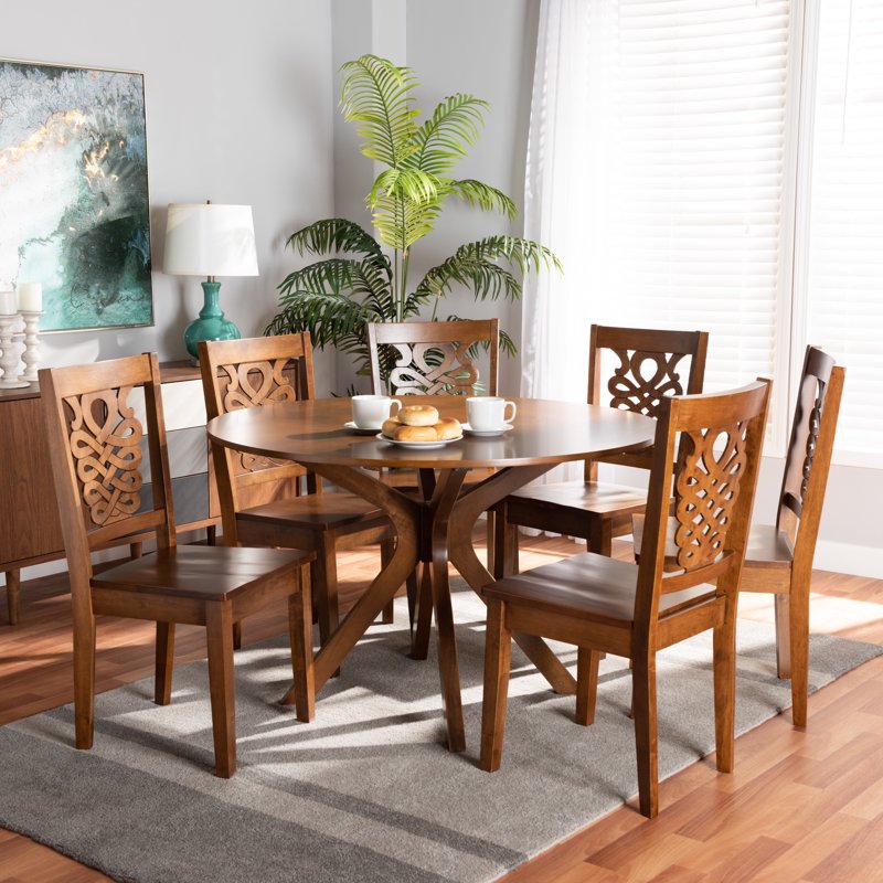 Modern Walnut Brown 7-Piece Dining Set with Geometric Chairs