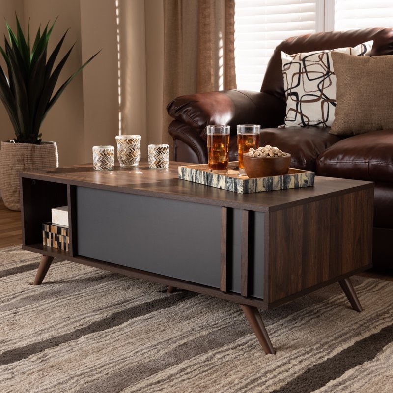 Modern Two-Tone Grey and Walnut Wood Coffee Table with Drawer