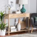 Mid-Century Modern Console Table with Rattan Accents - Light Brown