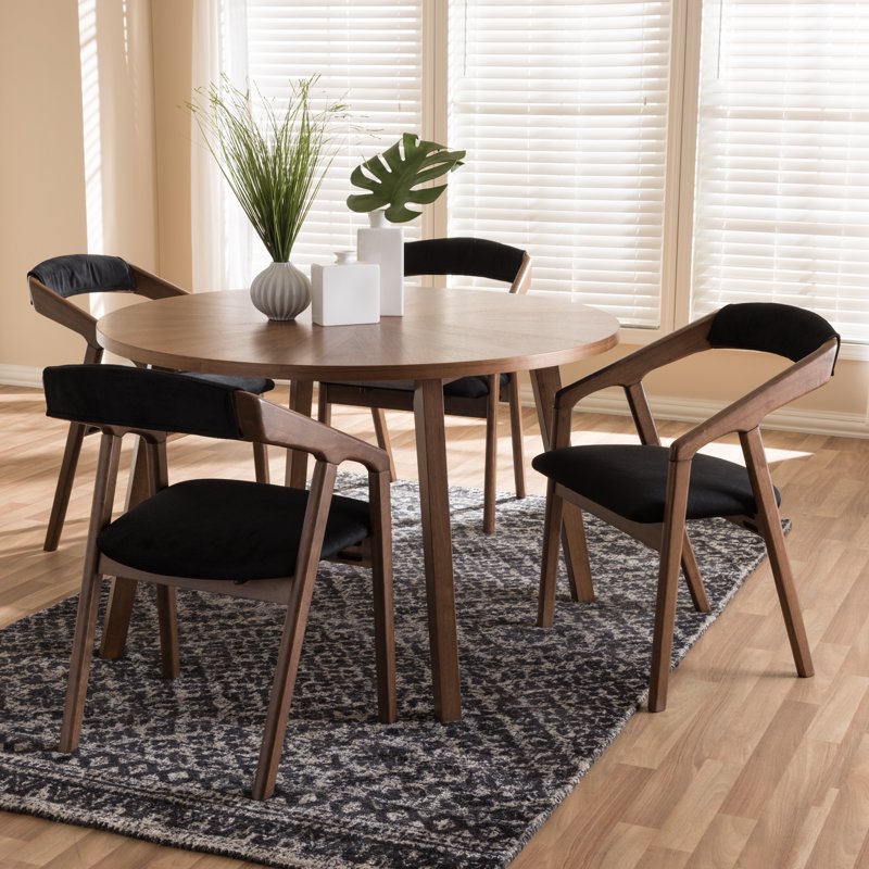 Mid-Century Modern 5-Piece Round Dining Set - Black & Walnut