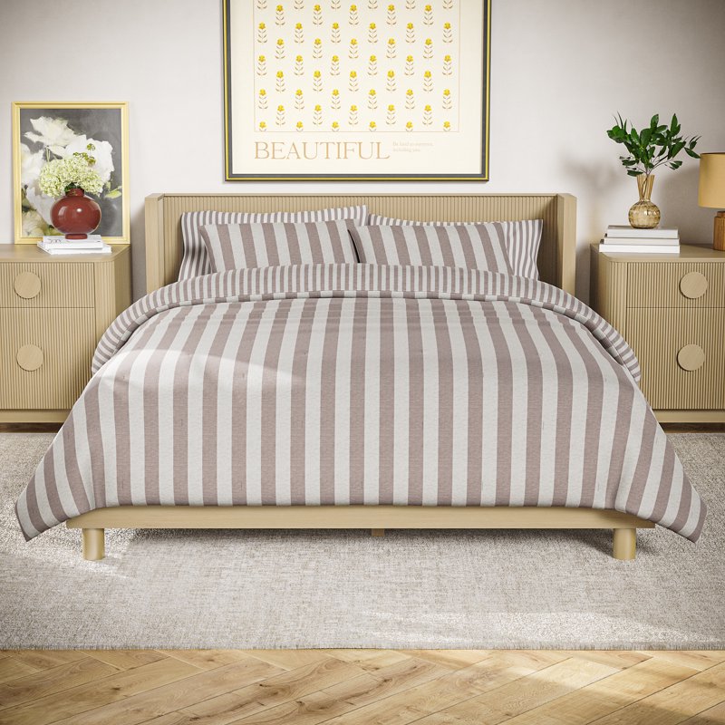 Cotton Comforter Set Full/Queen - Reversible Stripe Bedding with Shams