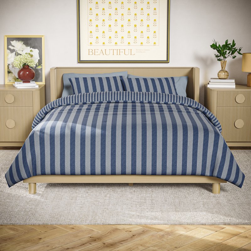 Cotton Striped Comforter Set - King, Starry Night Blue, Reversible 3-Piece