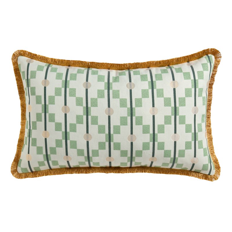 Green Diamond Geometric Decorative Pillow 14x24 Lumbar Cushion with Gold Fringe