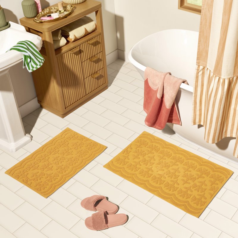 Floral Block Scallop Bath Rug Set - Amber Yellow, 17x24 & 20x30 Inches