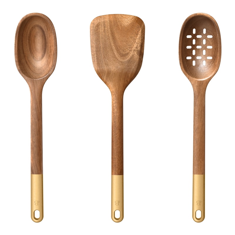3-Piece Acacia Wood Kitchen Utensil Set - Spoon, Slotted Spoon, Turner