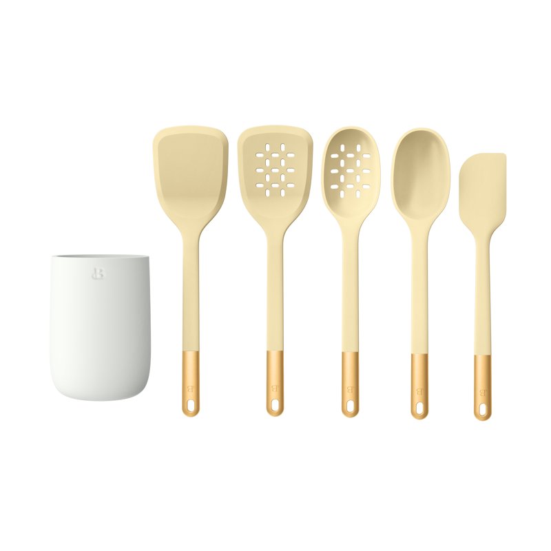 6-Piece Silicone Kitchen Tool Set with Ceramic Crock - Buttercream