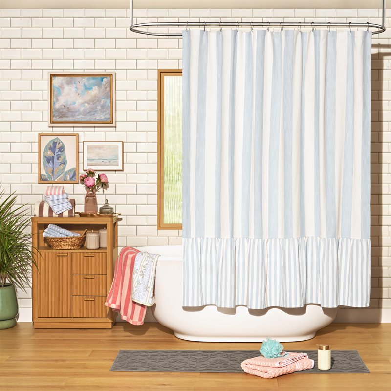 Beautiful Drew Barrymore Hydrangea Blue Stripe Shower Curtain - 72x72 Inches