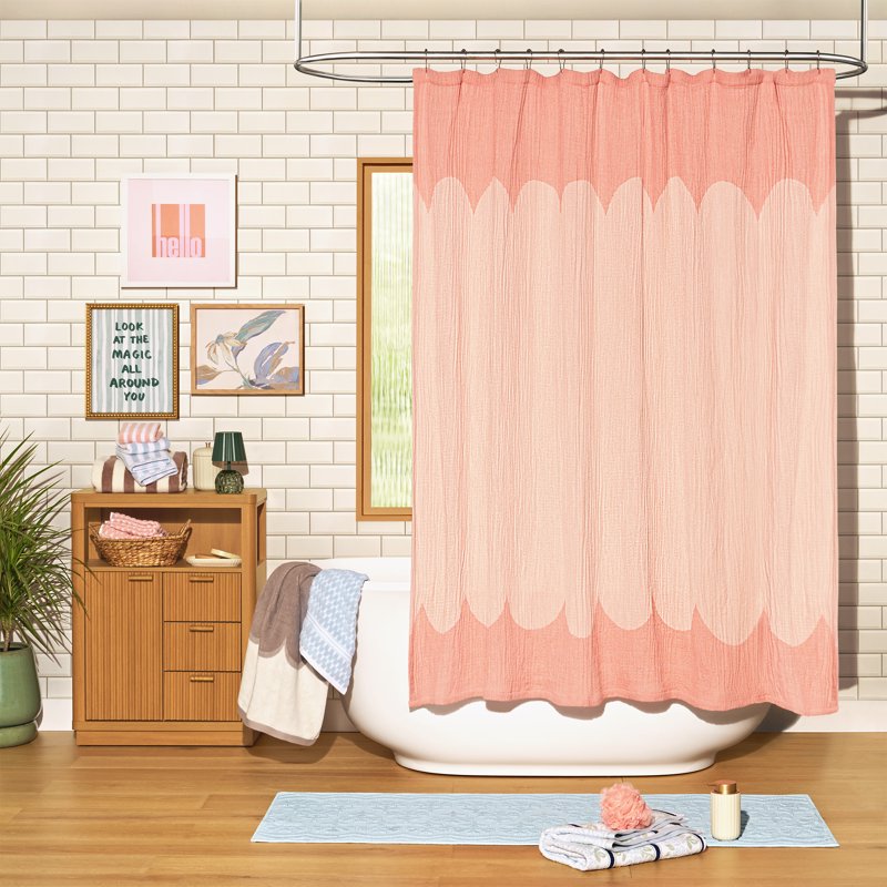 Pink Scallop Gauze Shower Curtain - 100% Cotton, 72x72 Inches - Beautiful by Drew Barrymore