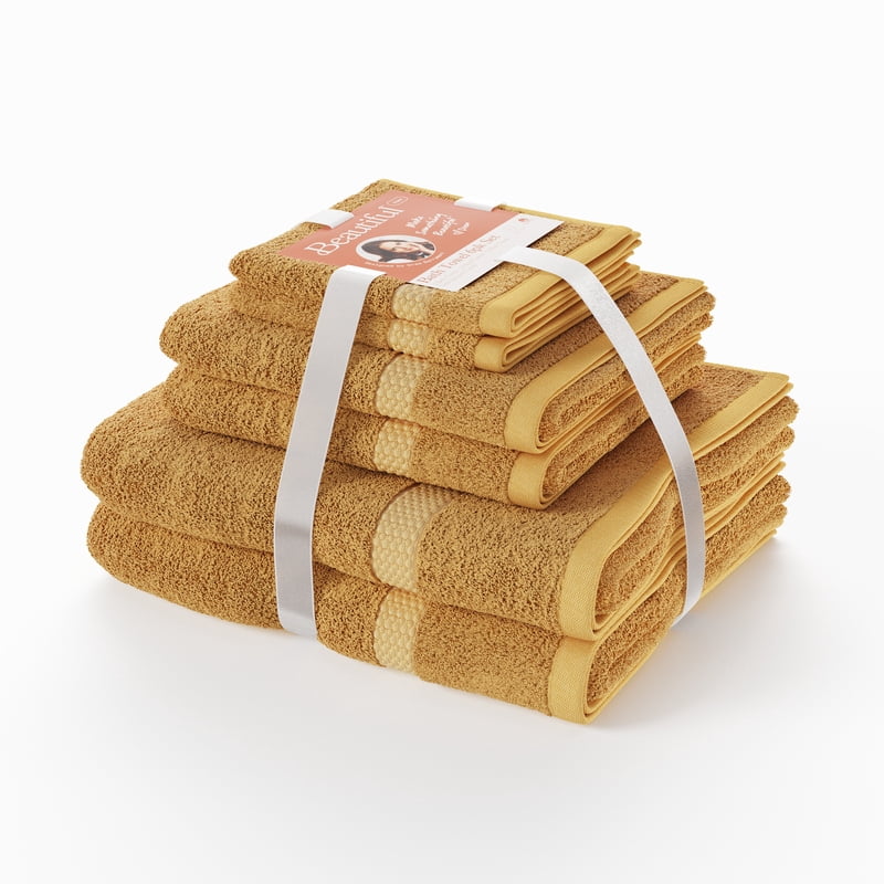 Drew Barrymore 6-Piece Dobby Bath Towel Set - Amber Yellow, Soft 100% Cotton, Spa-Style
