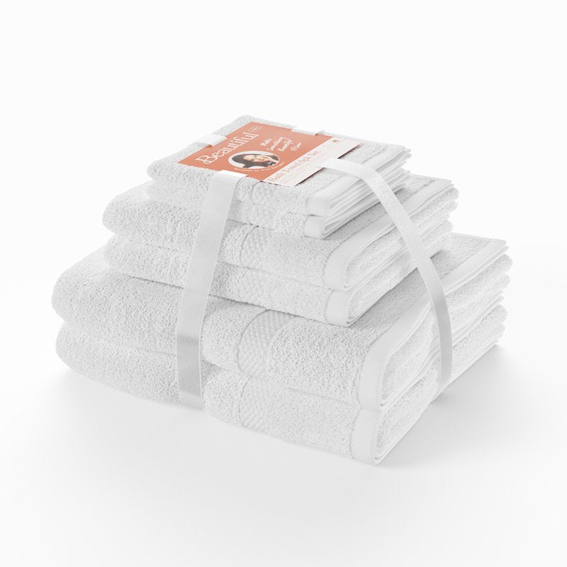 Beautiful by Drew Barrymore 6-Piece Dobby Cotton Bath Towel Set - Off White - Sage Green Variation