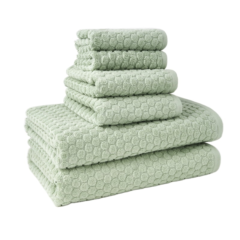 Bath Towel Set 6-Piece Dot Textured Cotton Towels in Sage Green - Soft & Absorbent