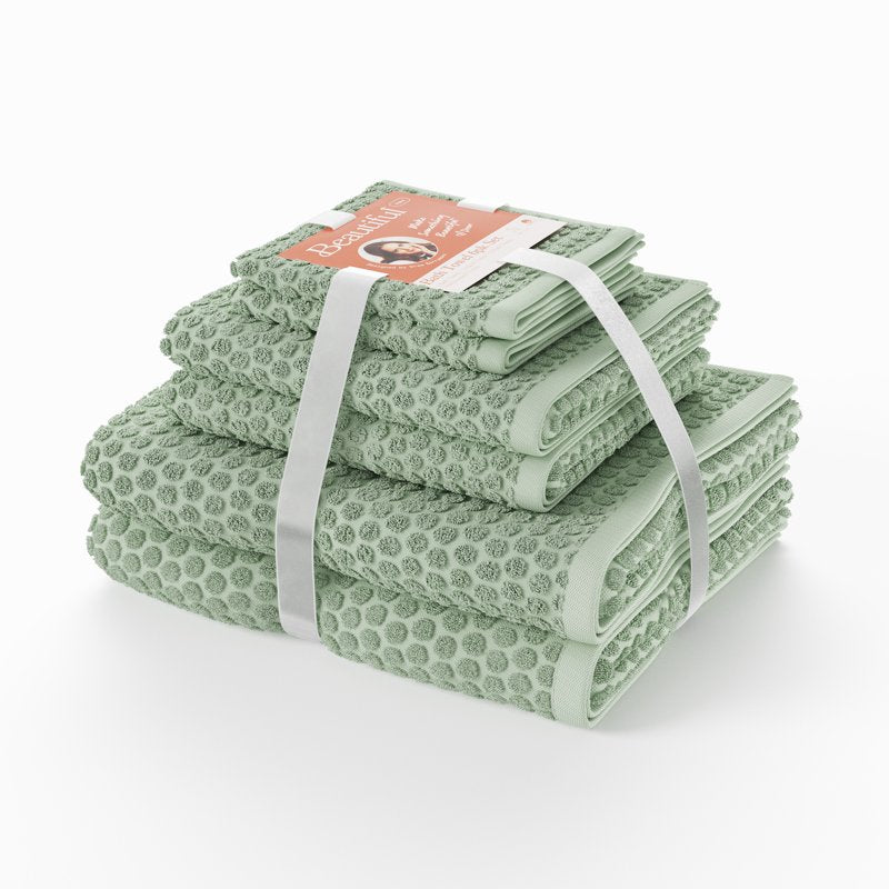 Dot Pattern Bath Towel Set - 6 Pieces, 100% Cotton, Sage Green - Modern Spa Style