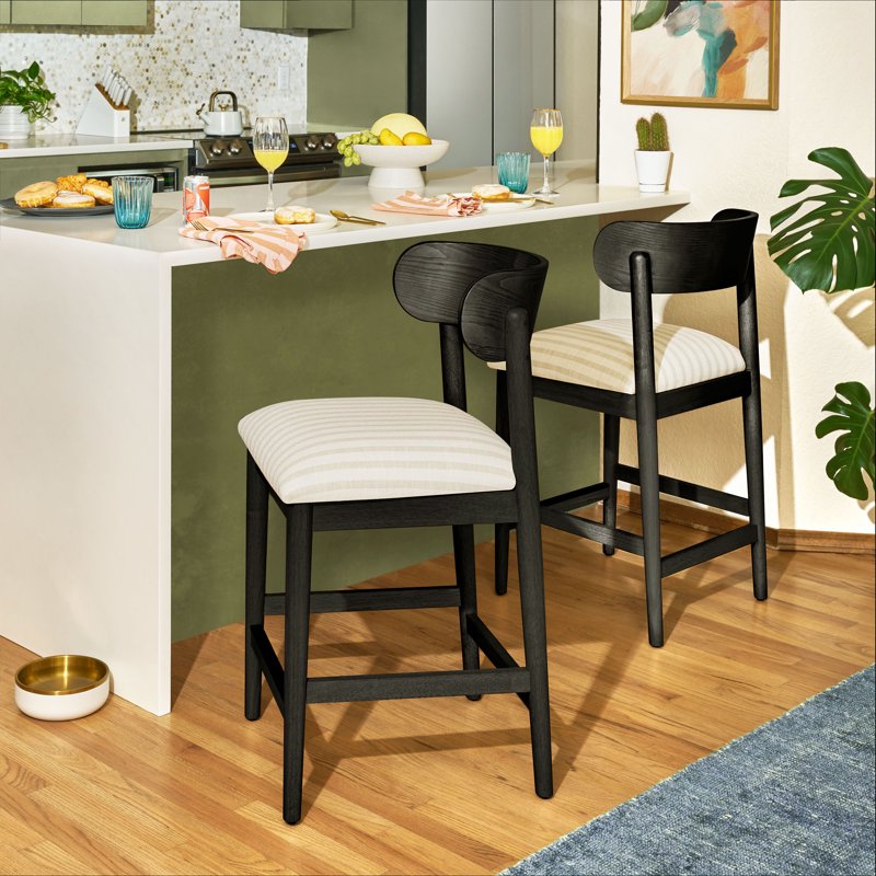 Counter-Height Stools - Black with Striped Linen Fabric, 2 Pack