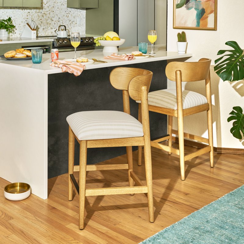 Counter-Height Stools Set of 2 - Warm Honey & Striped Linen