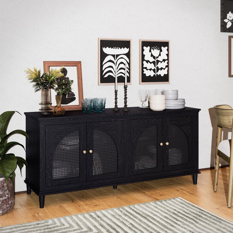 Drew Rattan 4-Door Buffet Cabinet - Black Finish, Adjustable Shelves