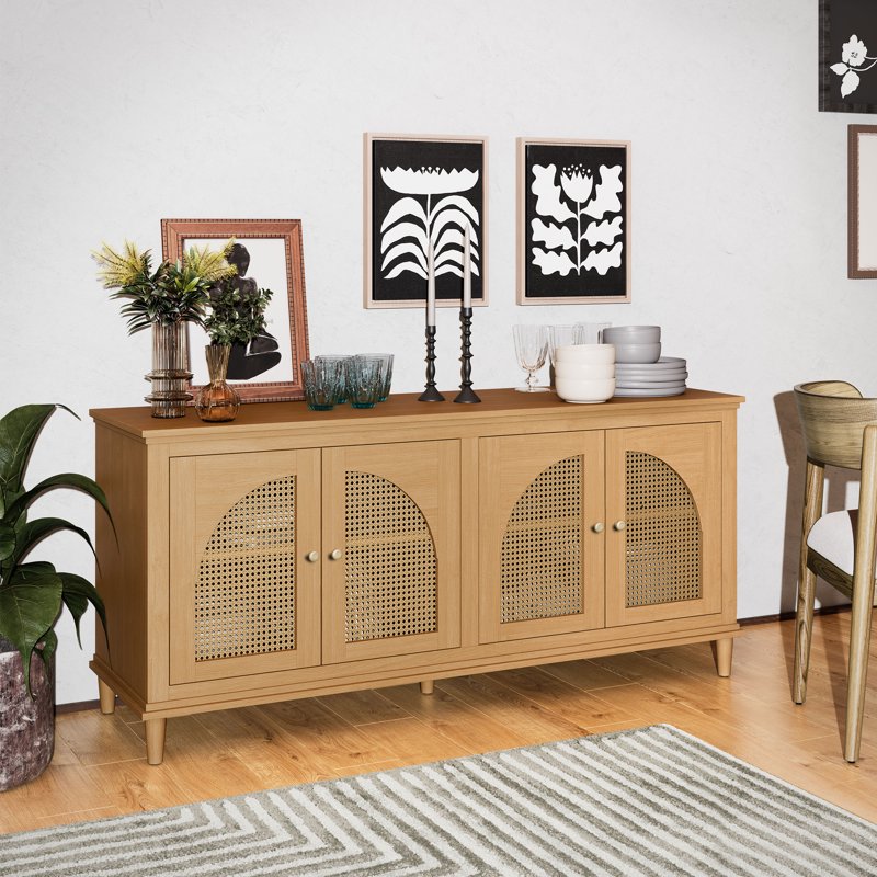 4-Door Rattan Buffet Sideboard Cabinet - Warm Honey Finish