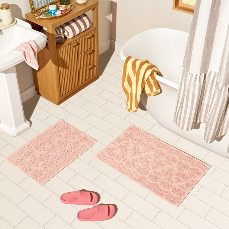 Floral Block Scallop Bath Rug Set - Pink 17x24 & 20x30 Inches, Cotton, Non-Slip