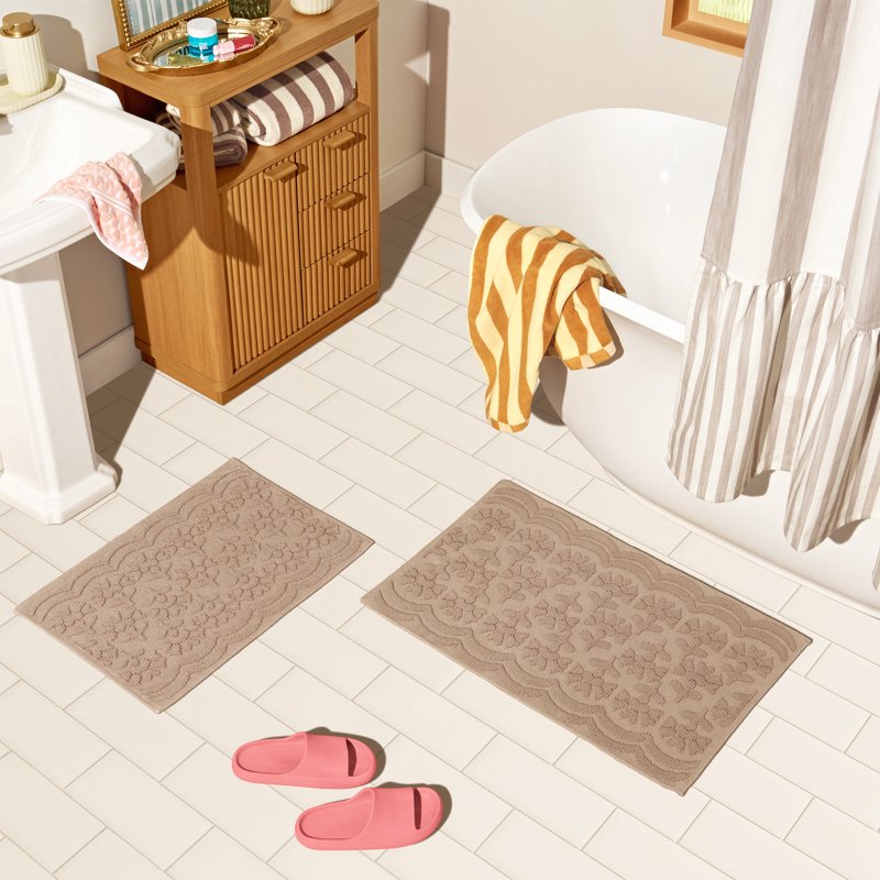 Floral Block Scallop 2-Piece Cotton Bath Rug Set Fawn - Non-Slip, 17x24 & 20x30 Inches