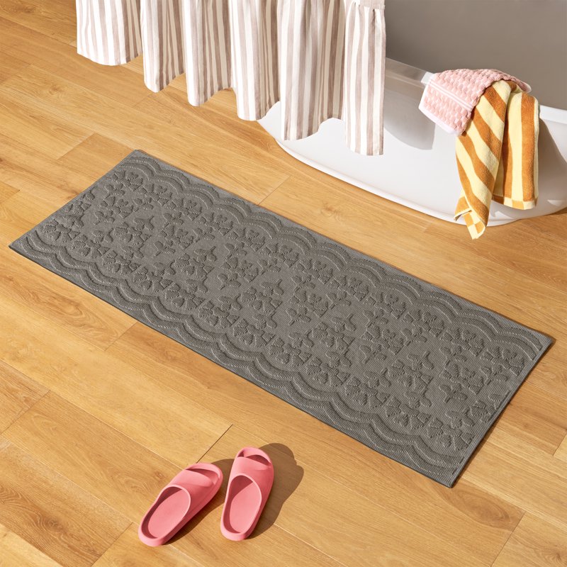 Floral Block Scallop Bath Runner Rug Set Charcoal Grey 24x60 - Cotton, Non-Slip