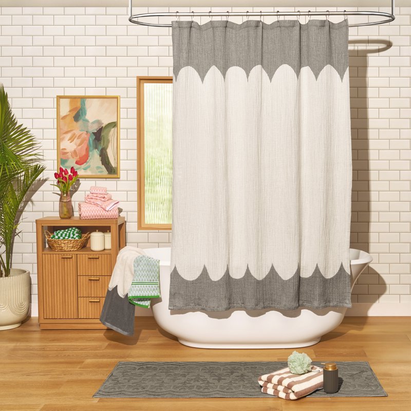 Charcoal Grey Shower Curtain - Gauze Cotton, Scalloped Edges, 72x72 Inches - Beautiful by Drew Barrymore