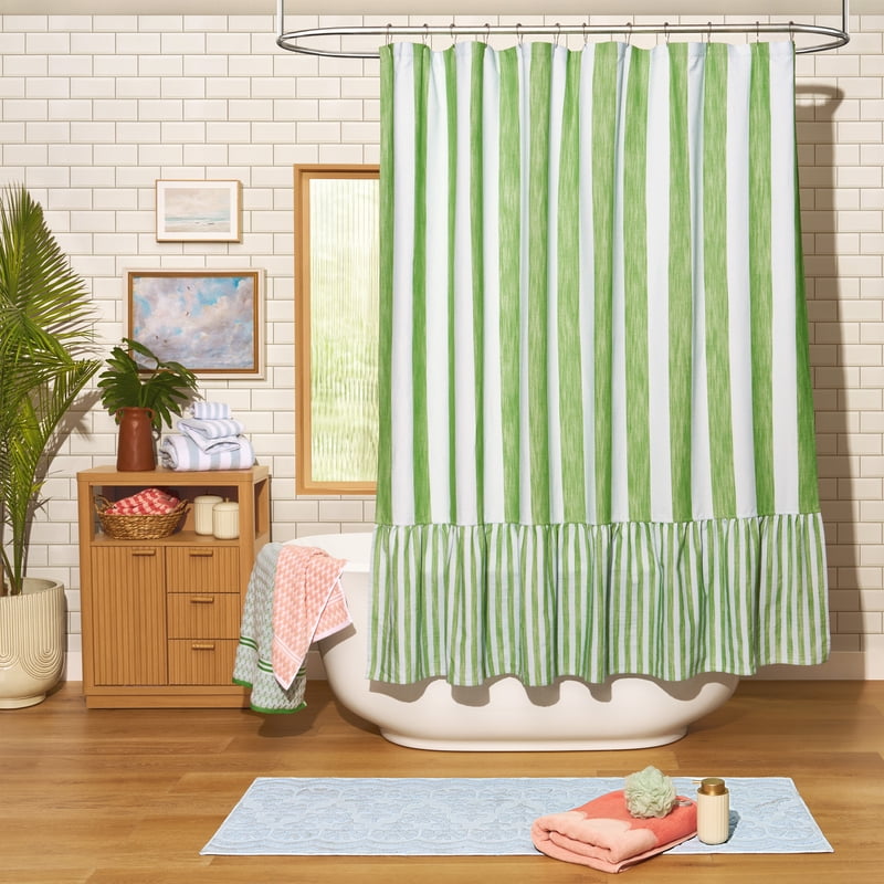Kelly Green Cotton-Blend Shower Curtain - 72x72 Inches, Ruffled Stripe Design
