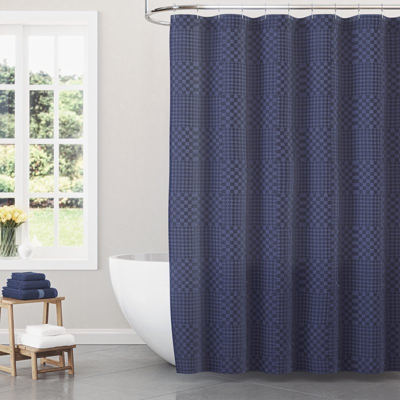 Nightshade Blue Check Matelassé Fabric Shower Curtain - Drew Barrymore - 72 x 72 Inches