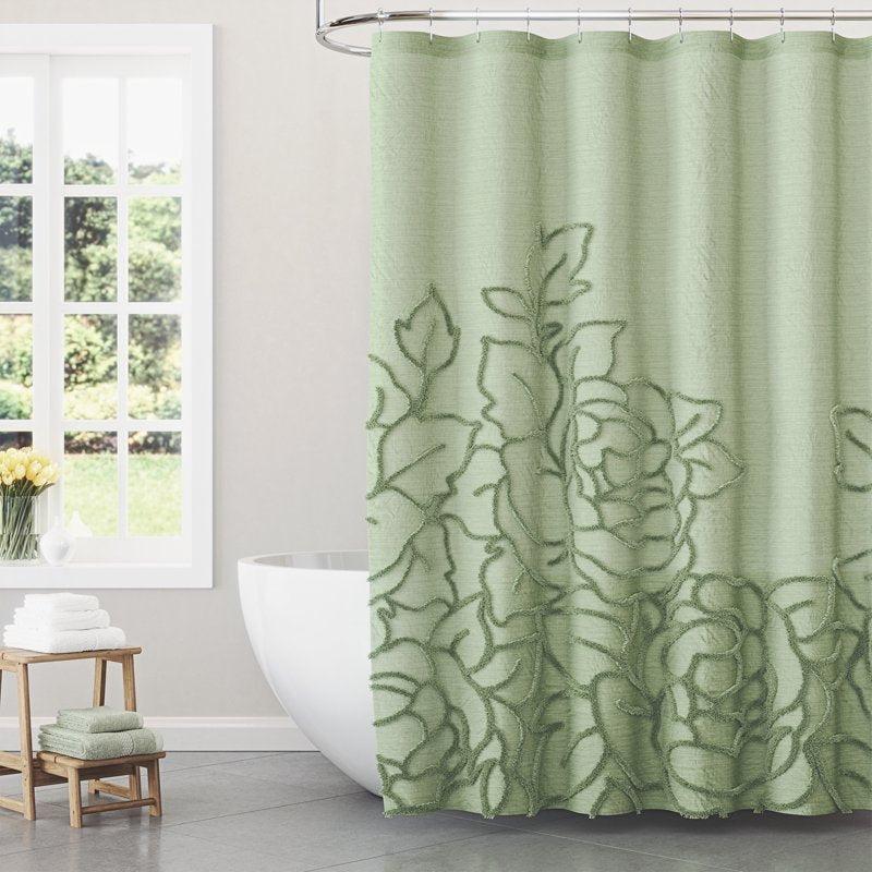 Sage Green Botanical Branch Chenille Cotton Shower Curtain - 72 x 72 Inches