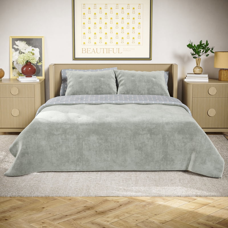 Reversible King Quilt - Floral Sage Green Velvet & Patterned Cotton, Drew Barrymore Signature