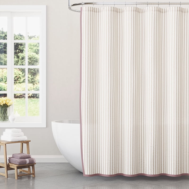 Pink Shower Curtain 72x72 Inches with Taupe Stripes and Contrast Trim - Cotton-Polyester Blend