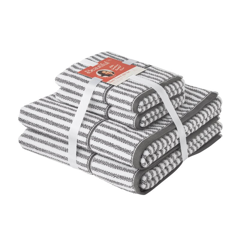 Beautiful by Drew Barrymore 4-Piece Stripe Bath Set - Charcoal Grey, 100% Cotton