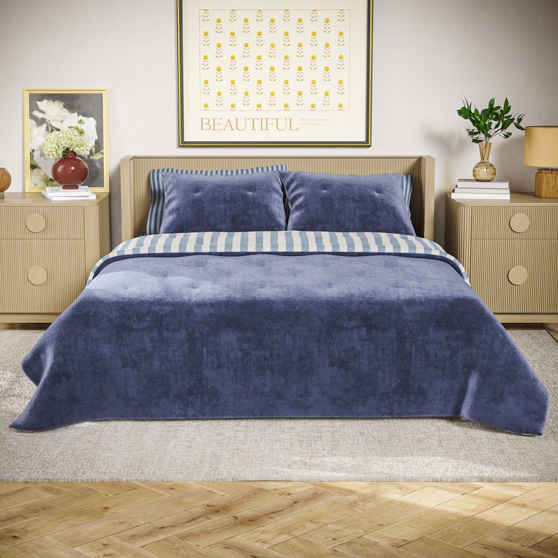 Reversible Velvet Quilt Full/Queen Starry Night Blue Striped Bedding